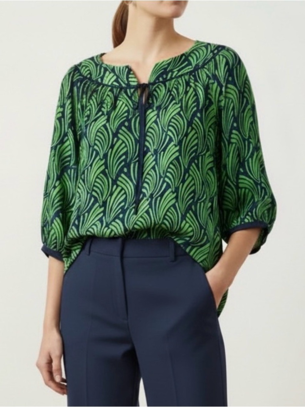 Vineyard Vines Green and Navy Leaf-Print Split-Neck Blouse